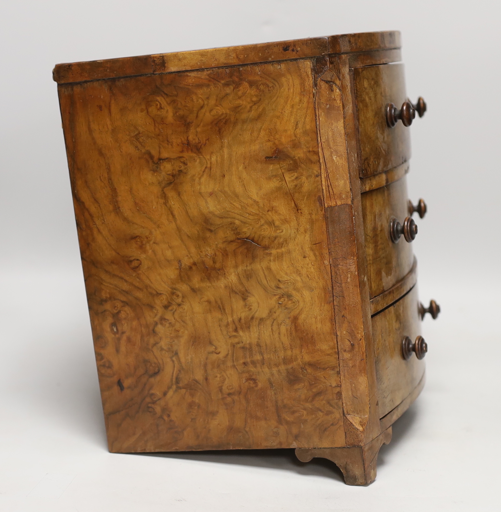 A Victorian miniature burr walnut bow fronted chest and a beech jewellery box, chest 29cm